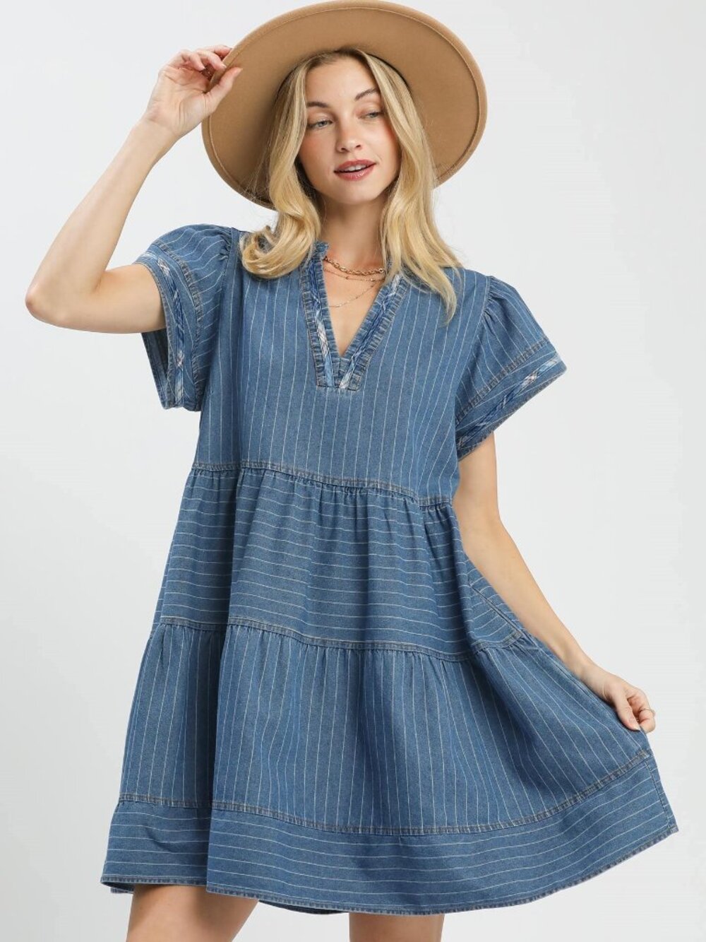 Chambray Tiered Babydoll Dress by Umgee USA